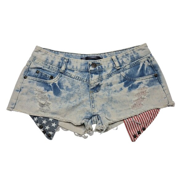 Blue Dog Shorts Womens Large Bleached Denim Distressed Stars Stripes Flag USA - Picture 2 of 15